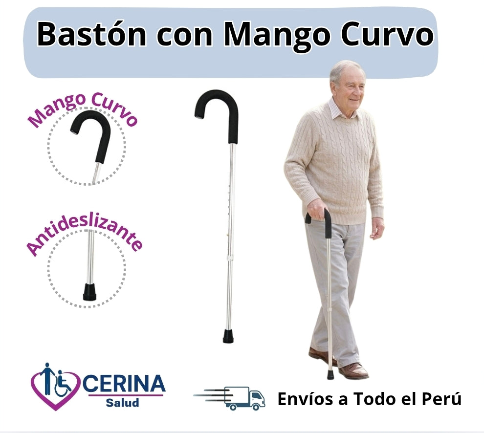 Bastón Aluminio de 1 Punta Mango en Curvo Color Plateado