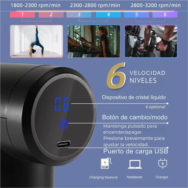Pistola Masajeadora Inalámbrica con 6 velocidades/ Massage Gun
