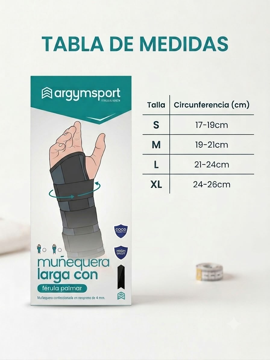Muñequera larga con férula palmar y ajuste de velcro