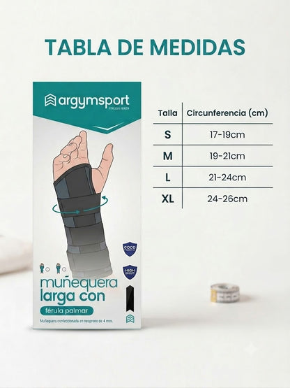 Muñequera larga con férula palmar y ajuste de velcro
